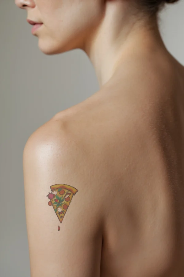 A temporary temporary tattoo on a person's shoulder features a vibrant slice of pizza in profile view. The triangular pizza slice has a golden-brown crust and is topped with vivid red sauce and a variety of colorful ingredients, including slices of red tomato, green pepper,