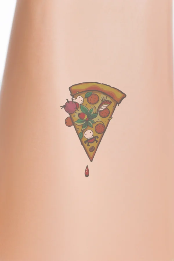 A vibrant temporary temporary tattoo featuring a triangular slice of pizza adorned with rich red sauce and an array of colorful toppings. The pizza showcases a red tomato slice, multiple green and red bell pepper slices, as well as white mushrooms, all artistically arranged on a