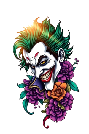 A vibrant temporary tattoo design featuring a stylized joker's face. The face is characterized by a wide, toothy grin and a mischievous expression, set against a bold green and black color scheme. The joker has striking yellow eyes, a dark