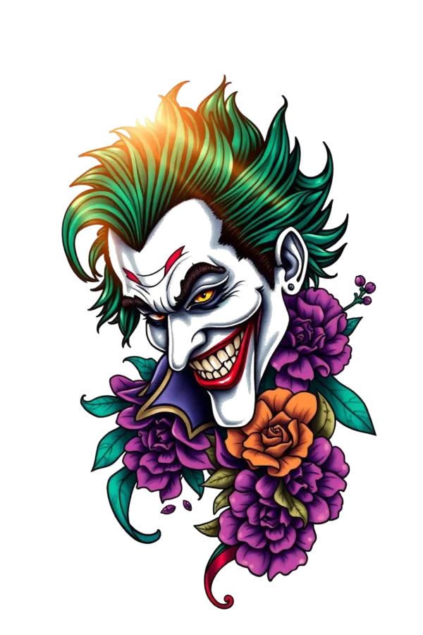 A vibrant temporary temporary tattoo design featuring a stylized joker's face. The face is characterized by a wide, toothy grin and a mischievous expression, set against a bold green and black color scheme. The joker has striking yellow eyes, a dark