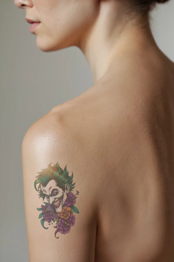 A close-up of a temporary temporary tattoo on a person's shoulder features a bold, stylized joker's face in a green and black color scheme. The joker displays a wide, toothy grin and a mischievous expression, with striking yellow eyes and dark