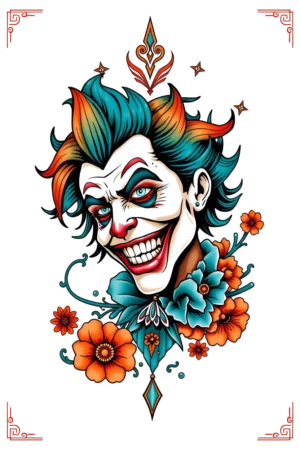 A vibrant temporary tattoo design featuring a clown's face with a bright red nose and a wide, toothy grin. The clown has mischievous blue eyes and colorful hair in shades of blue, green, and orange. Surrounding the clown's face