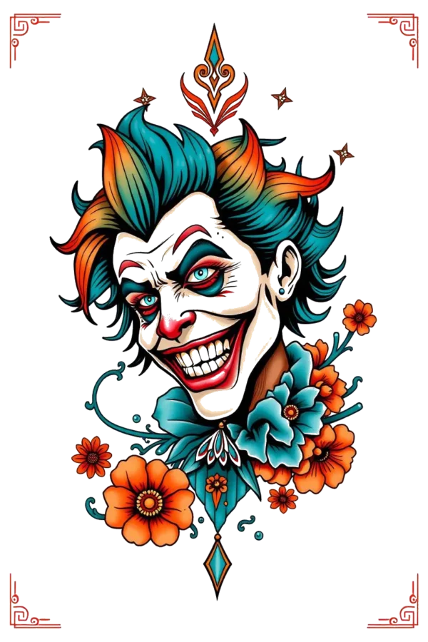 A vibrant temporary temporary tattoo design featuring a clown's face with a bright red nose and a wide, toothy grin. The clown has mischievous blue eyes and colorful hair in shades of blue, green, and orange. Surrounding the clown's face