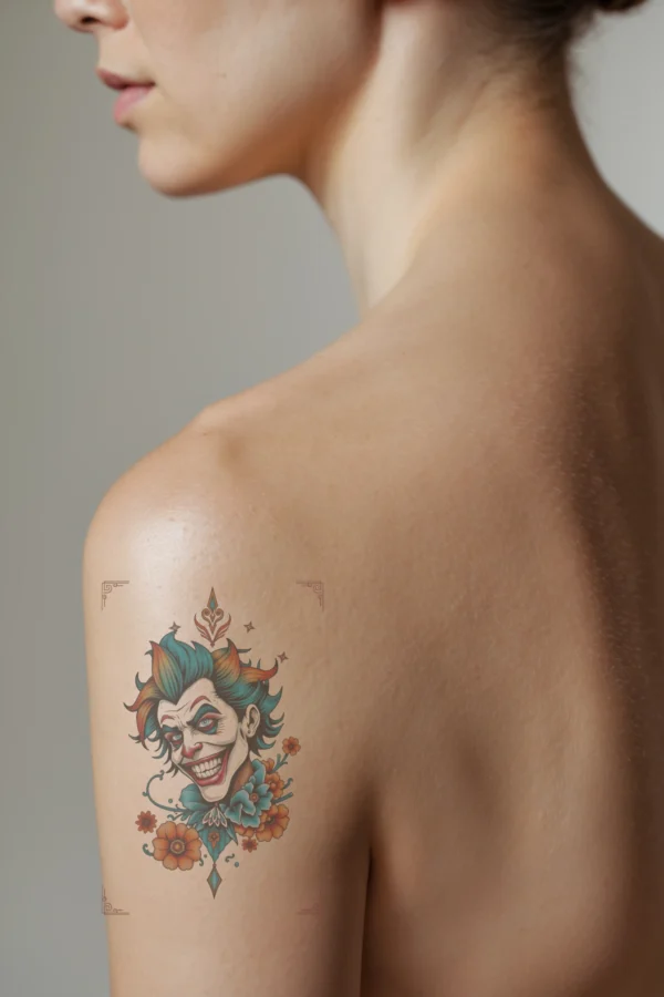 A colorful temporary temporary tattoo on a person's shoulder depicts a clown's face styled in traditional temporary tattoo art. The clown features a vibrant red nose, a wide, toothy grin, and a mischievous expression, with striking blue eyes. Its hair blends blue