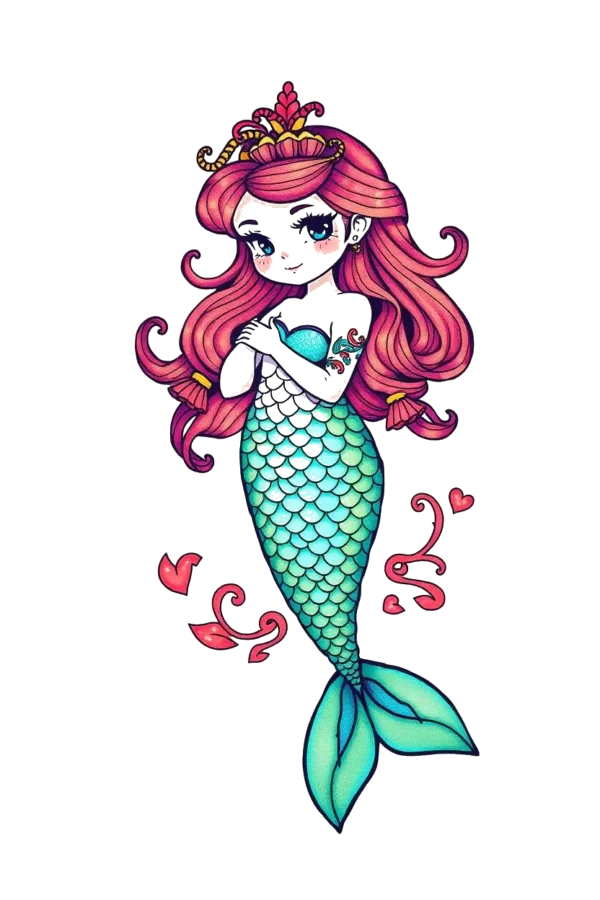 A vibrant temporary temporary tattoo design featuring a stylized mermaid with long, flowing red hair and a jeweled crown in gold and red. Her body is a blend of teal and turquoise, complemented by a green tail. The mermaid has a pale face