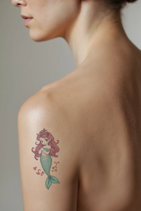 A profile view of a person showcasing a vibrant temporary temporary tattoo on their shoulder. The temporary tattoo features a stylized mermaid with long, flowing red hair and a jeweled crown in gold and red. Her teal and turquoise body contrasts with a green tail,