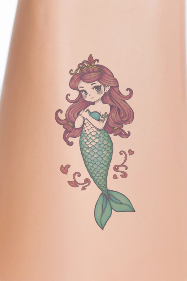 A stylized mermaid with long red hair and a jeweled crown in gold and red. Her teal body and green tail contrast against a stark white background. With pale skin and rosy accents around her eyes and cheeks, she displays a serene expression.