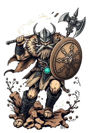 Temporary tattoo design featuring a Viking warrior standing on a rocky surface. The warrior wears a horned helmet, fur-trimmed hood, and a flowing robe, with a large axe in his right hand and a shield in his left. He has a