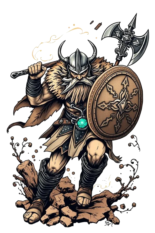 Temporary temporary tattoo design featuring a Viking warrior standing on a rocky surface. The warrior wears a horned helmet, fur-trimmed hood, and a flowing robe, with a large axe in his right hand and a shield in his left. He has a