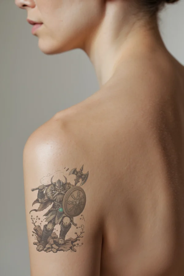 Profile view of a person's shoulder featuring a detailed temporary temporary tattoo of a Viking warrior. The warrior stands on rocky terrain, wearing a horned helmet and a fur-trimmed hood, with a flowing robe. He holds a large axe in his right hand