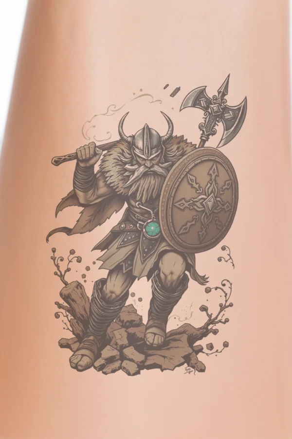 Temporary temporary tattoo design featuring a powerful Viking warrior standing on rocky terrain. The warrior, equipped with a horned helmet and a fur-trimmed hood, dons a long, flowing robe. He wields a large axe in his right hand and holds a
