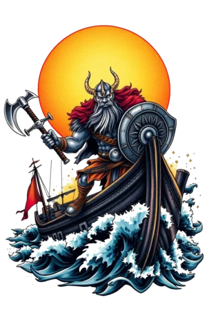 Temporary tattoo design featuring a Viking warrior on a dark longship amidst turbulent waves. The warrior, with a white beard, wears a helmet and a flowing red cape, wielding a large, dark curved weapon. A red and white flag flutters in