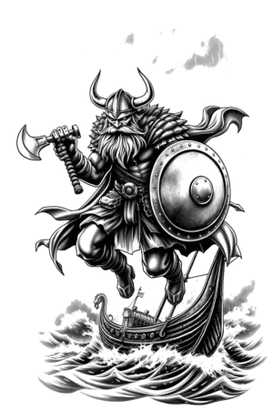 A black and white temporary tattoo design featuring a dynamic Viking warrior in a small boat. He stands with his left arm extended and right arm bent, wielding a large axe in his right hand while holding a shield. The warrior, adorned with a helmet