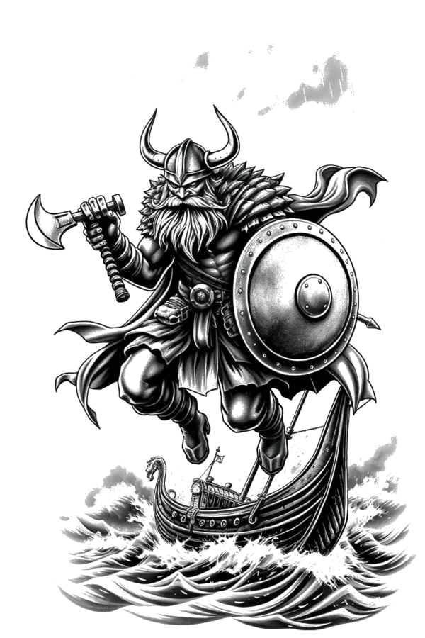 A black and white temporary temporary tattoo design featuring a dynamic Viking warrior in a small boat. He stands with his left arm extended and right arm bent, wielding a large axe in his right hand while holding a shield. The warrior, adorned with a helmet