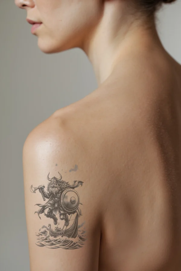 A temporary temporary tattoo depicting a Viking warrior in profile, showcasing intricate details on the shoulder. The warrior, wearing a helmet and a long beard, stands dynamically on a small boat amidst waves. He holds a large axe in his left arm and a shield in