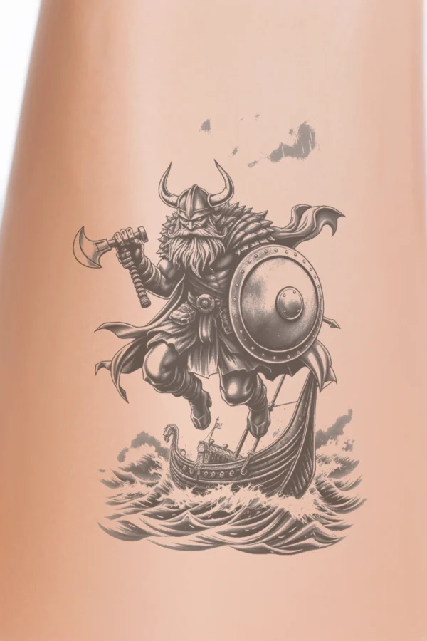 Temporary temporary tattoo design featuring a Viking warrior in action, standing on a small boat atop a wave. He has an extended left arm holding a large axe and a bent right arm clutching a shield. The warrior wears a helmet and has a long beard,