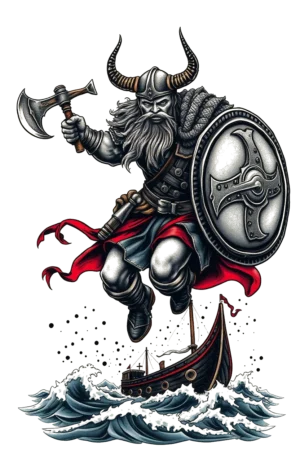 Temporary tattoo design featuring a dynamic Viking warrior in mid-air, gripping an axe in his left hand and a shield in his right. He sports a helmet and a long beard, dressed in a dark tunic and a flowing red cape. Below him,