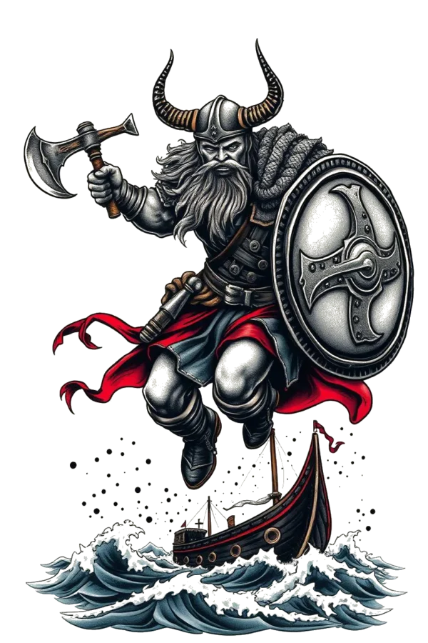 Temporary temporary tattoo design featuring a dynamic Viking warrior in mid-air, gripping an axe in his left hand and a shield in his right. He sports a helmet and a long beard, dressed in a dark tunic and a flowing red cape. Below him,