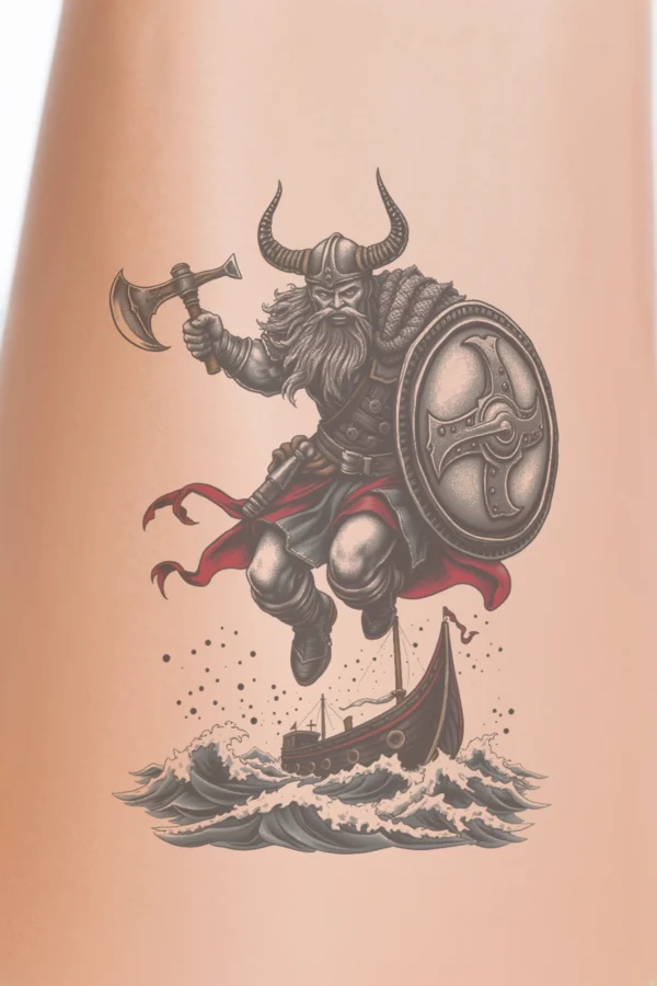 Temporary temporary tattoo design featuring a dynamic Viking warrior in mid-air, gripping an axe in his left hand and a shield in his right. He wears a helmet and has a long beard, dressed in a dark tunic and a flowing red cape. Below him