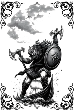 Temporary tattoo design featuring a dynamic Viking warrior on a partially submerged boat. The warrior, adorned in a helmet and tunic, wields two axes and a shield in a ready stance. His face is partly hidden by a mask, evoking mystery.