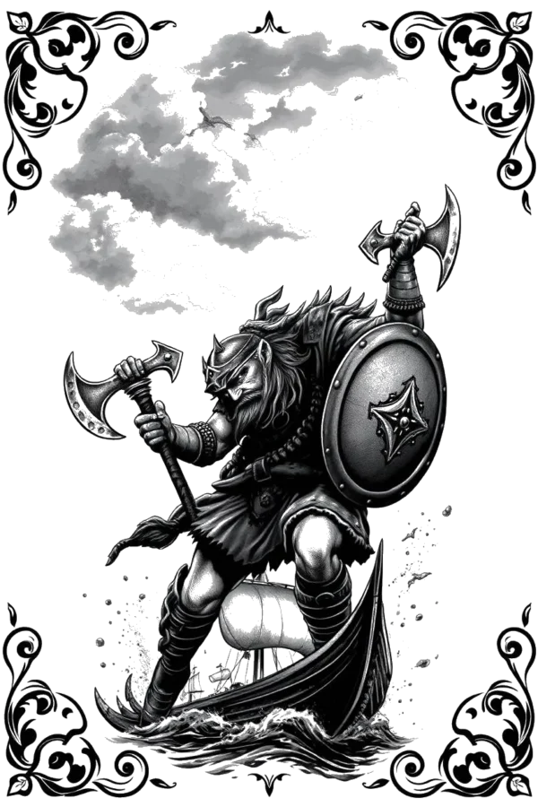 Temporary temporary tattoo design featuring a dynamic Viking warrior on a partially submerged boat. The warrior, adorned in a helmet and tunic, wields two axes and a shield in a ready stance. His face is partly hidden by a mask, evoking mystery.
