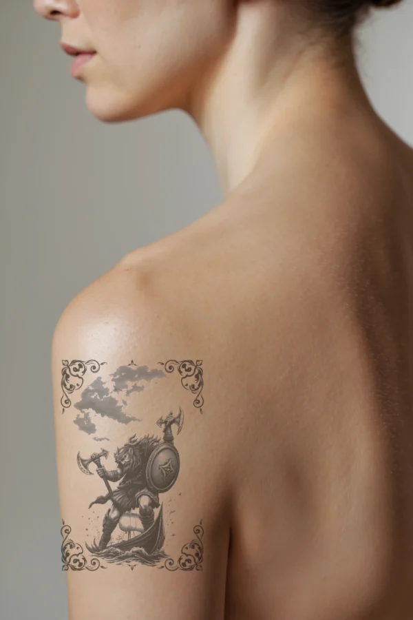 Temporary temporary tattoo design featuring a Viking warrior in profile on a shoulder. The temporary tattoo showcases the warrior in a dynamic stance, wielding two axes and a shield while standing on a partially submerged boat. He wears a helmet and tunic, with his face partially