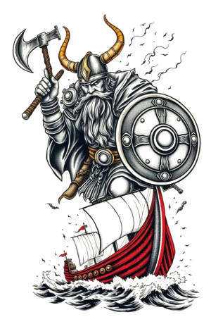 A fierce Viking warrior stands confidently on a ship in a stormy sea, wearing a horned helmet and a dark tunic. He has a long beard and holds a large axe in his right hand and a shield in his left. The ship features