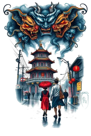A vibrant temporary tattoo design featuring a street scene in an Asian city, viewed from a pedestrian's perspective. The image showcases wet streets lined with dark blue and gray buildings with red accents, under a light blue sky. People are seen on the street,