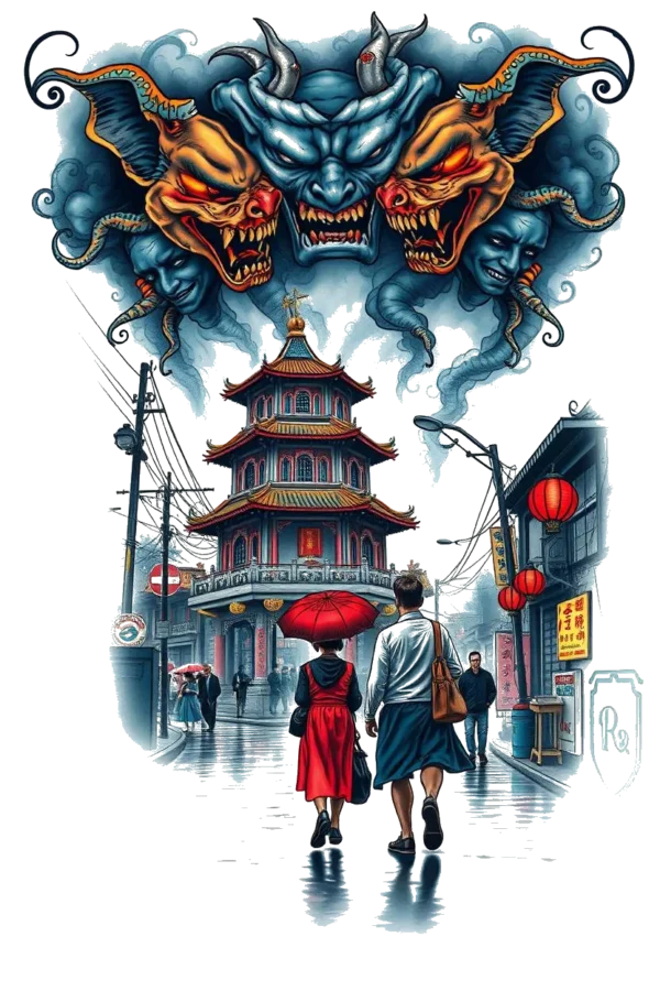 A vibrant temporary temporary tattoo design featuring a street scene in an Asian city, viewed from a pedestrian's perspective. The image showcases wet streets lined with dark blue and gray buildings with red accents, under a light blue sky. People are seen on the street,