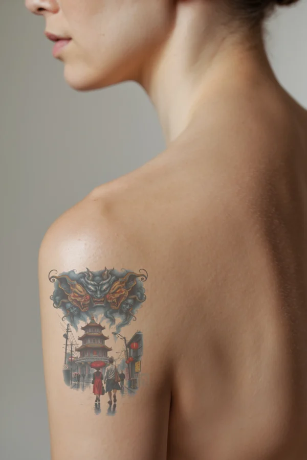 A vibrant temporary temporary tattoo on a person's shoulder depicts a bustling street scene in an Asian city, viewed from a pedestrian perspective. The foreground features a detailed, dark blue and gray dragon emerging from a dark cloud, with fierce red eyes and prominent red horns.