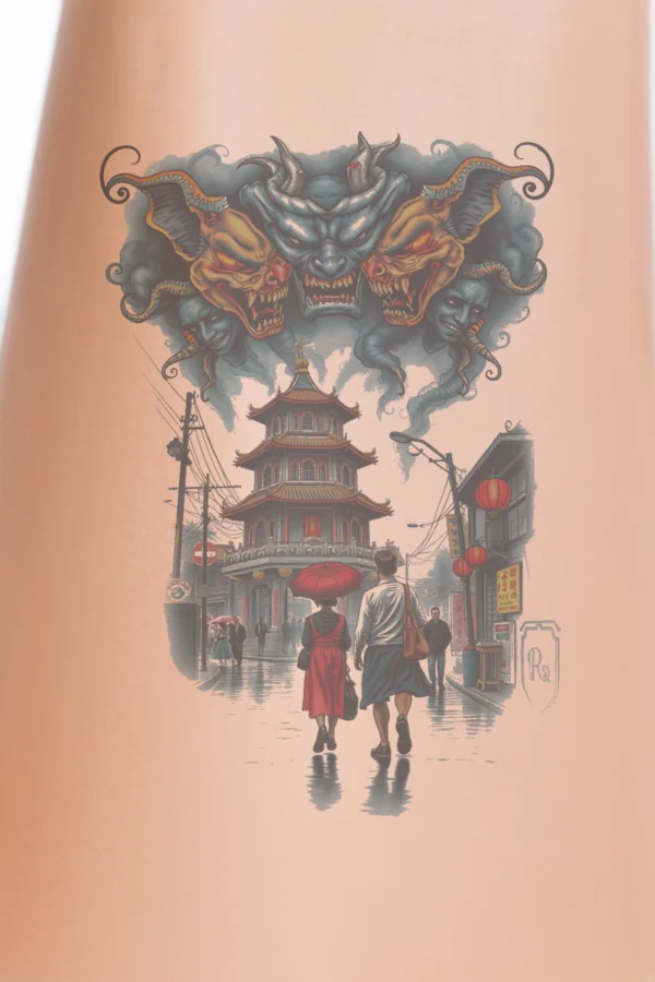 A vibrant temporary temporary tattoo design featuring a street scene in an Asian city, viewed from a pedestrian's perspective. The scene showcases dark blue and gray buildings with red accents, wet from recent rain, under a light blue sky. The street is crowded with people