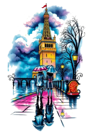 Temporary tattoo design featuring a romantic scene of a couple walking hand-in-hand on a pink-toned wet sidewalk. The man wears a white shirt while the woman is dressed in a dark coat, both sharing a pink umbrella. In the background, a towering