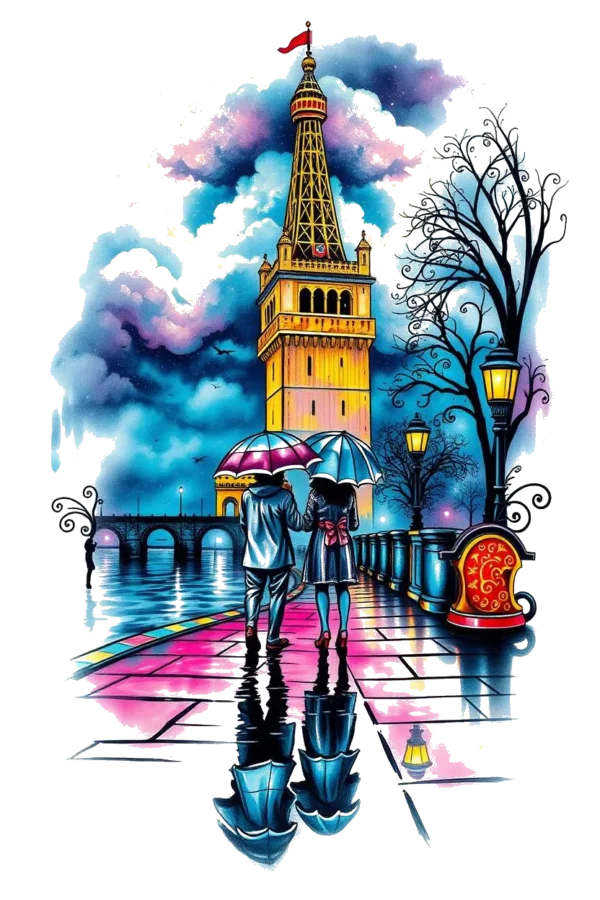 Temporary temporary tattoo design featuring a romantic scene of a couple walking hand-in-hand on a pink-toned wet sidewalk. The man wears a white shirt while the woman is dressed in a dark coat, both sharing a pink umbrella. In the background, a towering
