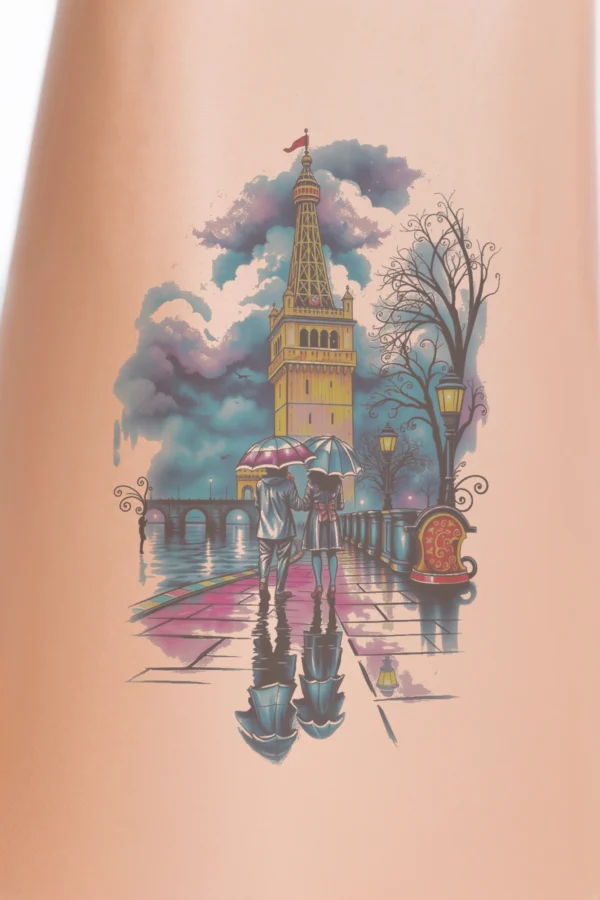 A temporary temporary tattoo design featuring a couple walking hand-in-hand along a wet, pink-toned sidewalk. The man is in a white shirt, and the woman is in a dark coat, both holding a pink umbrella. In the background, a majestic tower