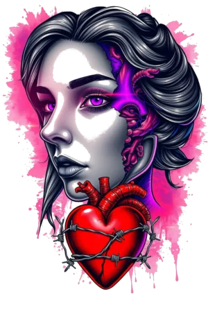 A temporary tattoo design featuring a striking black and white portrait of a woman with dark gray hair styled in a loose updo. Her face showcases a striking purple eye and deep red lips, adding vivid color to her monochromatic features. At the center of