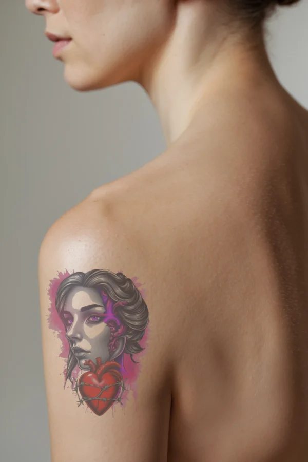 A detailed temporary temporary tattoo depicting a profile portrait of a woman with dark gray hair styled in a loose updo. Her face is illustrated in black and white, accented with striking purple eyes and deep red lips. Prominently featured on her shoulder is a