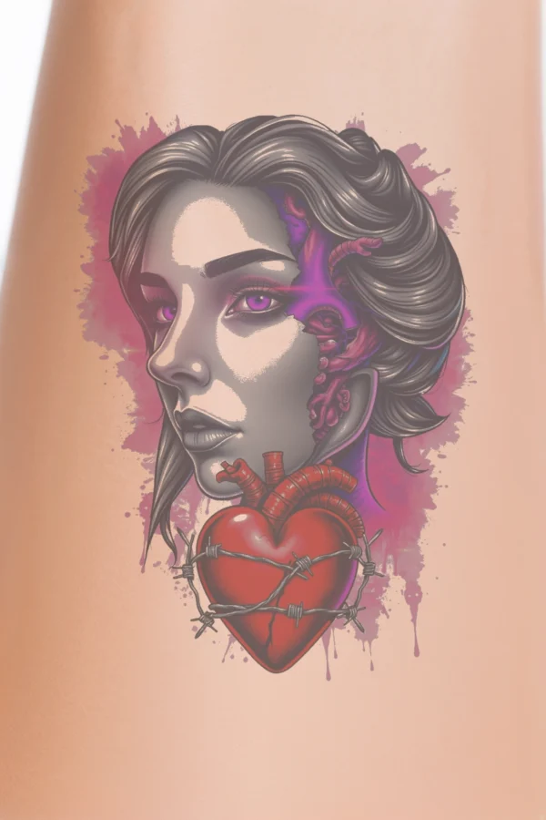 A striking temporary temporary tattoo design featuring a woman with dark gray hair styled in a loose updo. Her black and white face showcases a prominent purple eye and deep red lips, complemented by a large red heart with a purple heart-shaped center on her cheek.