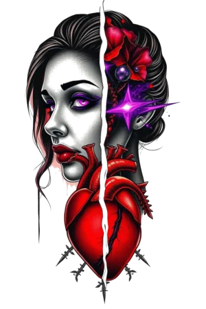 A temporary tattoo design featuring a striking black and white illustration of a woman's face, split down the middle. The left side highlights her expressive eyes, while the right side showcases her full lips in a vivid red. The woman’s hair beautifully frames her face