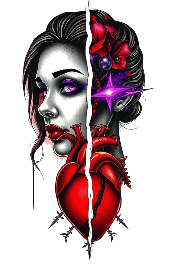 A temporary temporary tattoo design featuring a striking black and white illustration of a woman's face, split down the middle. The left side highlights her expressive eyes, while the right side showcases her full lips in a vivid red. The woman’s hair beautifully frames her face