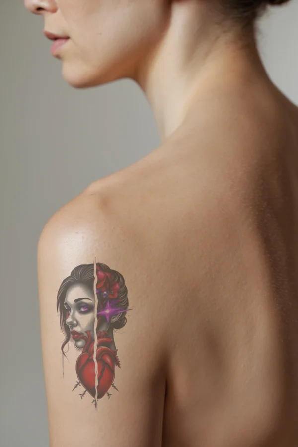 A temporary temporary tattoo on a person's shoulder displays a detailed black and white illustration of a woman's face in profile. The left side reveals her striking pink eyes and the right side showcases her bold red lips, complemented by a dark eyebrow. A vibrant red heart,