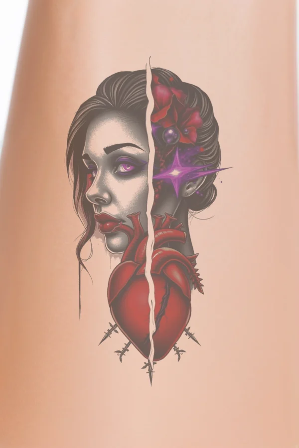 A black and white illustration of a woman's face, split down the middle. The left side highlights her eyes, while the right side features her lips. The woman has dark eyebrows and vibrant pink eyes, contrasting with her striking red lips. A broken red