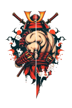 A traditional Japanese-style warrior tattoo, depicted from behind, showcases a muscular figure dressed in a red and black ensemble. The warrior stands confidently, with a bent right arm gripping a sword, while the left arm extends forward in a strong pose. The face