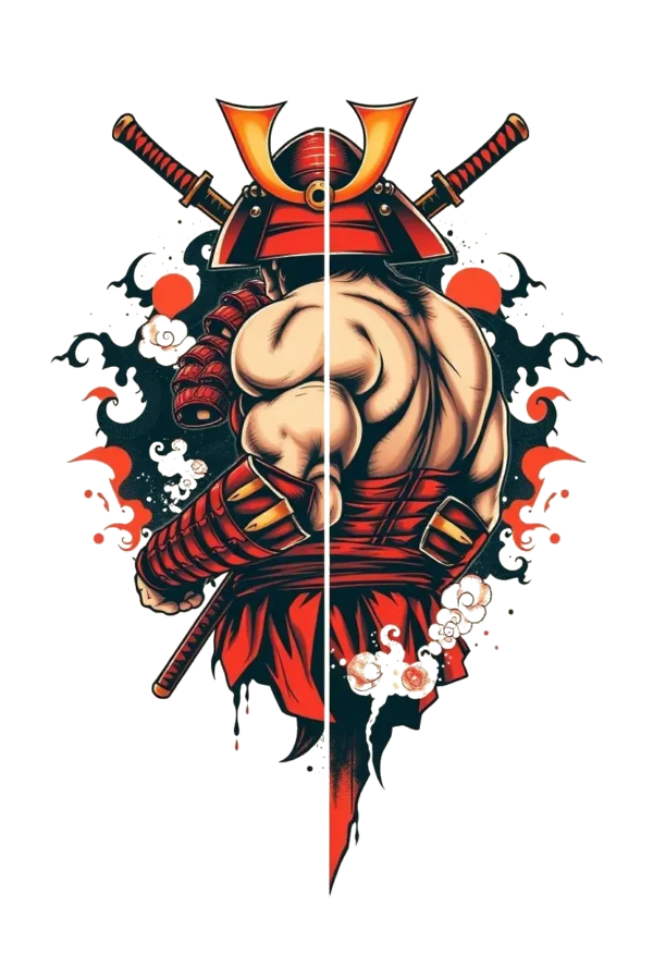 A traditional Japanese-style warrior temporary tattoo, depicted from behind, showcases a muscular figure dressed in a red and black ensemble. The warrior stands confidently, with a bent right arm gripping a sword, while the left arm extends forward in a strong pose. The face