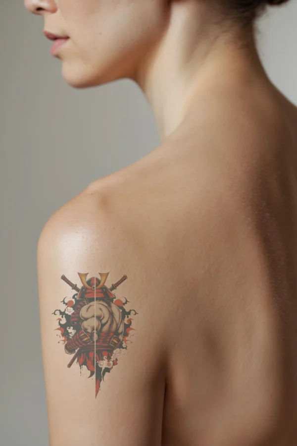 A detailed temporary temporary tattoo on a person's shoulder depicts a traditional Japanese warrior in profile. The warrior, adorned in a striking red and black outfit, stands with a muscular build, suggesting strength and readiness. A red helmet crowns their head, and a red and