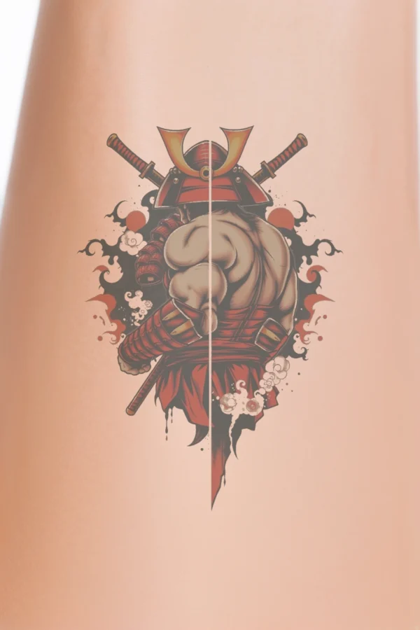 A temporary temporary tattoo design featuring a traditional Japanese warrior, depicted from behind in a powerful stance. The warrior wears a striking red and black outfit, complete with a matching helmet. His muscular back is visible, showcasing strength as he bends his right arm at the