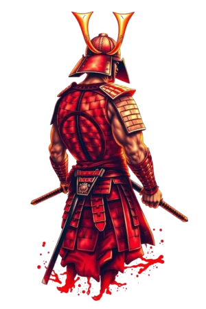 A temporary tattoo design featuring a powerful warrior in traditional Japanese armor. The figure, positioned dynamically with their back to the viewer, wears a striking red helmet adorned with a gold visor, and a vibrant red and gold kimono layered under a matching gi.