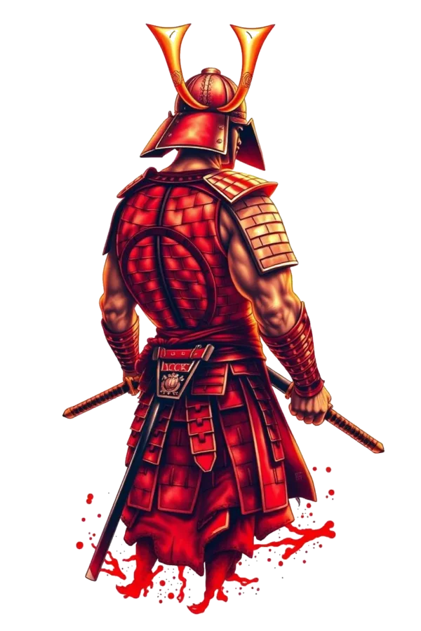 A temporary temporary tattoo design featuring a powerful warrior in traditional Japanese armor. The figure, positioned dynamically with their back to the viewer, wears a striking red helmet adorned with a gold visor, and a vibrant red and gold kimono layered under a matching gi.