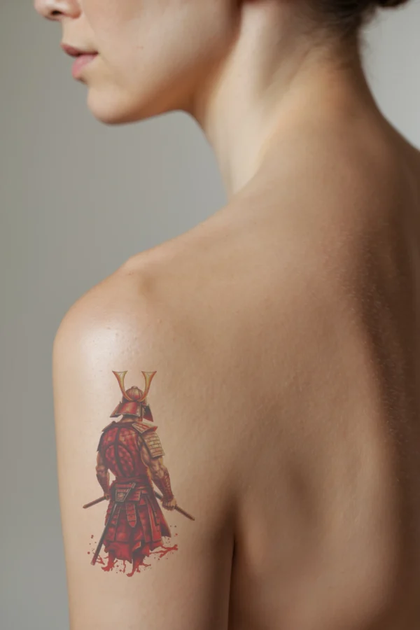 A detailed temporary temporary tattoo on a person's shoulder features a warrior in traditional Japanese armor, depicted in profile. The warrior stands in a dynamic pose, donning a striking red helmet with a gold visor, and a matching red and gold kimono and gi.
