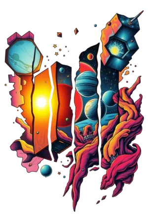A vibrant temporary tattoo design depicting a cosmic scene featuring a large, cracked rectangular portal divided into three sections. The left section showcases a blue and orange color scheme, the middle section combines orange and blue, while the right section features orange and pink. Surround