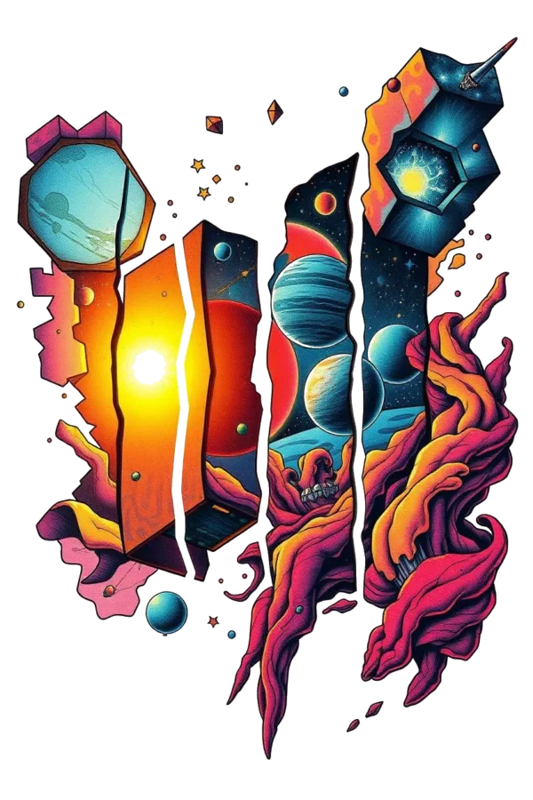 A vibrant temporary temporary tattoo design depicting a cosmic scene featuring a large, cracked rectangular portal divided into three sections. The left section showcases a blue and orange color scheme, the middle section combines orange and blue, while the right section features orange and pink. Surround